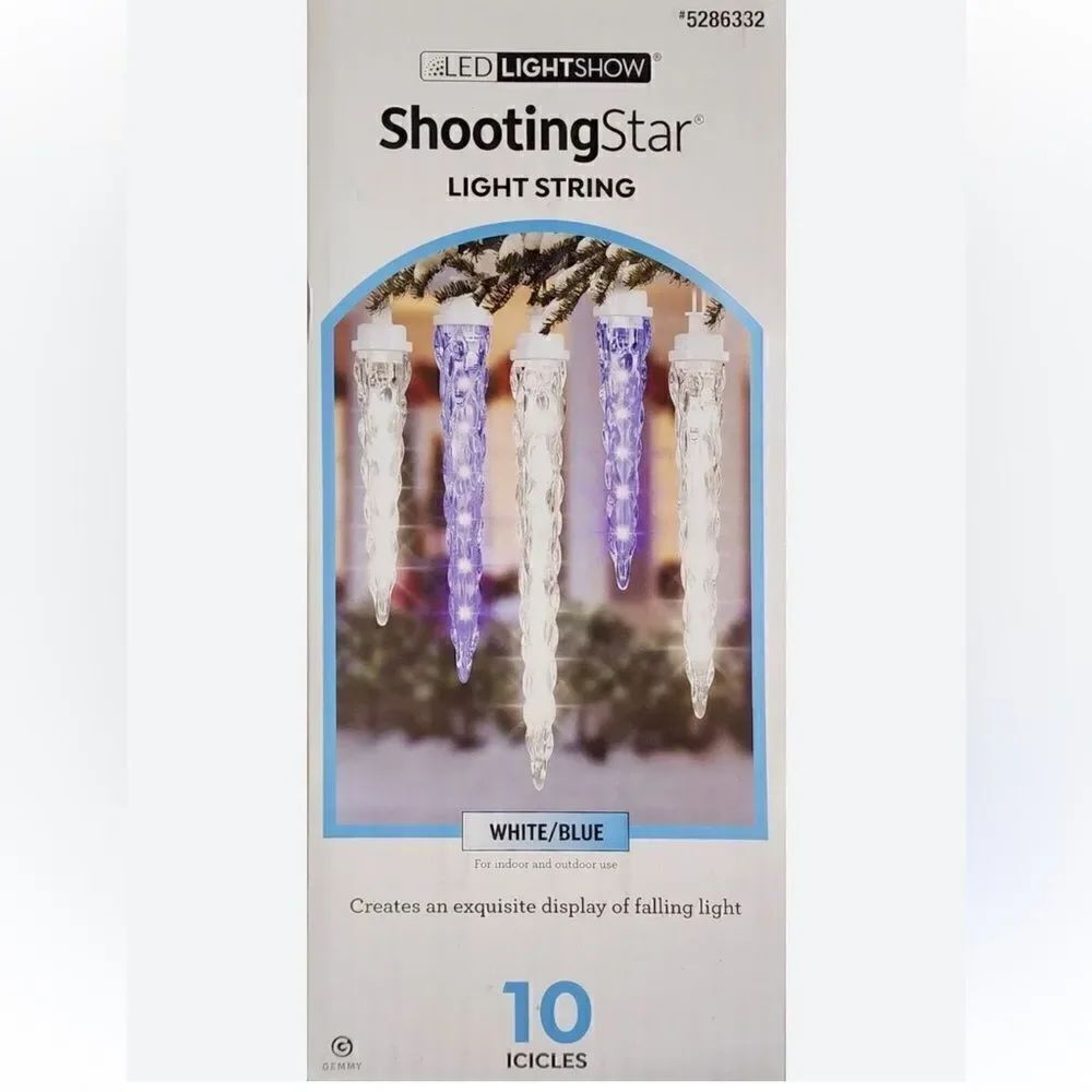 Gemmy Lightshow Shooting Star White/Blue LED Icicle Lights, 10 Icicles, New